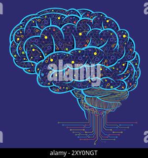 Drawing of a blue brain filled with yellow, red, green and purple lines coming out of the brain forming a circuit board again purple background Stock Vector