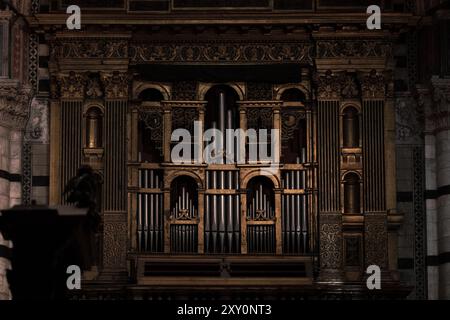 Siena, Italy - July 14, 2024: Interior of Duomo di Siena (Santa Maria Assunta), details of organ in the cathedral Stock Photo