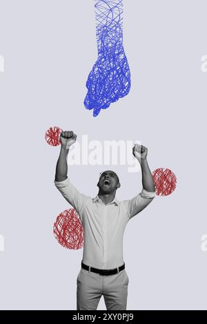 Vertical photo collage of angry american man scream fist gesture strike riot irritation rights power isolated on painted background Stock Photo