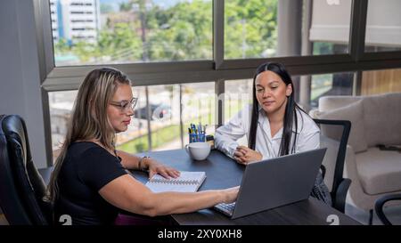 Two professional Latin Hispanic women lawyers are intently working together with a laptop, discussion in a modern office. Stock Photo