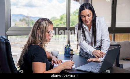 Two professional Latin Hispanic women lawyers are intently working together with a laptop, discussion in a modern office. Stock Photo