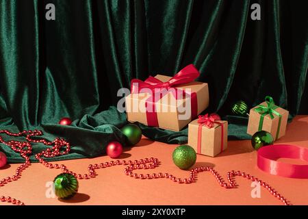 A holiday-themed arrangement featuring various gift boxes adorned with colorful ribbons, set against a luxurious green velvet background Additional fe Stock Photo