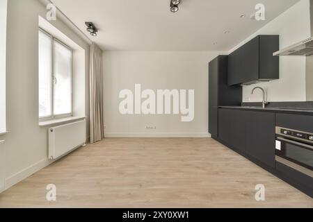 Modern kitchen with dark cabinetry and spacious empty living area bathed in natural light from large window. Stock Photo
