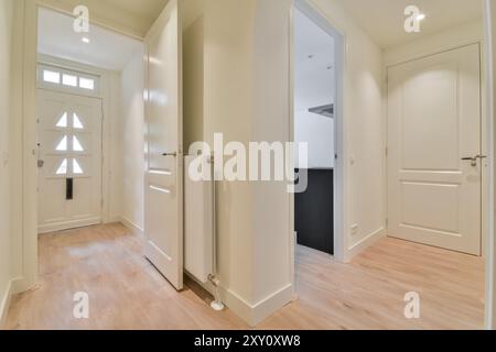 Bright and airy home interior featuring a clean modern design with white doors, wooden floors, and natural light filtering through the front door. Stock Photo