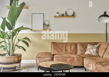 Contemporary living room featuring a leather sectional sofa, chic decor items on floating shelves, and potted green plants enhancing the cozy ambiance Stock Photo