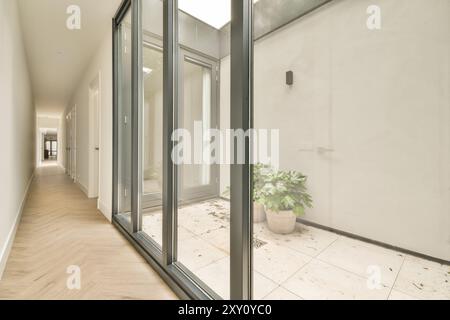 A spacious modern interior hallway featuring large glass windows, wooden flooring, white walls, and a potted plant. Stock Photo