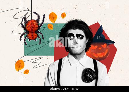 Composite photo collage of mexican caballero man scary spider net pumpkin decor jack wizard holiday isolated on painted background Stock Photo