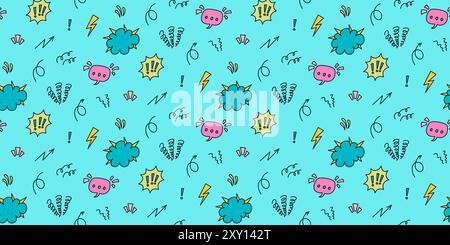 Seamless pattern with cartoon comics of the 80-90s. Speech bubble, lightning, exclamation marks and abstract shapes on a turquoise background. For wal Stock Vector