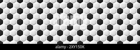 3d football seamless bw pattern. Abstract vector black and white endless soccer ball bg. Honey comb wallpaper. Floor or wall tile in sport syle Stock Vector