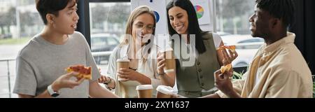 Four colleagues enjoy a break with pizza and coffee. Stock Photo