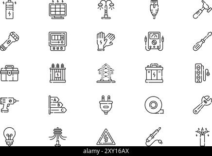 Electrician tools and elements icons collection is a vector illustration with editable stroke. Stock Vector