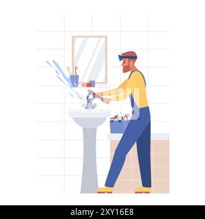 Vector illustration of a plumber fixing a sink with water splashing out. Stock Vector