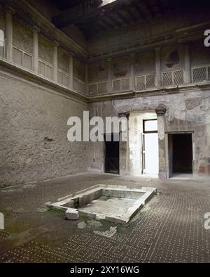 Herculaneum. Ancient Roman city, buried under volcanic ash in 79 AD by the eruption of Vesuvius. Impluvium of the Casa Sannitica, a typical pre-Roman building, located on Insula V. The pavement decorated with mosaic has been preserved. Campania, Italy. Stock Photo