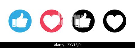 Like and love heart icon button. Thumbs up and heart vector icon set. Like icon button, thumb up icon. Vector illustration. Stock Vector