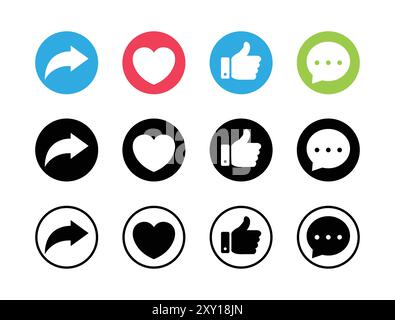 Like, love, comment, and share icon vector in circle line and fill. Social media vector icon. Like love comment share icon button. Flat design. Stock Vector