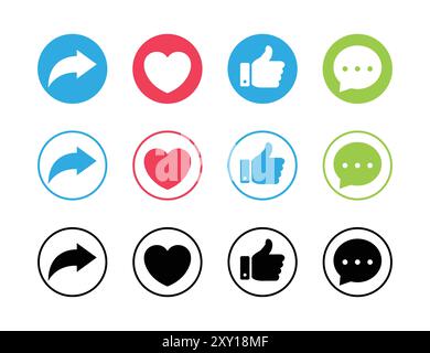 Like, love, comment, and share icon vector in circle line and fill. Social media vector icons. Like love comment share icon button. Flat design. Stock Vector