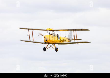 Bright yellow de Havilland Tiger Moth II, G-ANKK on approach to Little Gransden airfield, Cambridgeshire, England Stock Photo