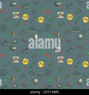 Crypto Trading with Bullish and Bearish Candlestick Charts signs vector concept creative seamless pattern Stock Vector