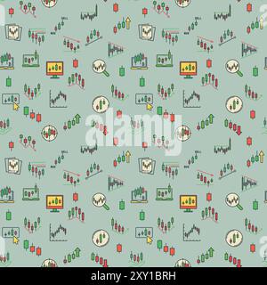 Vector Bitcoin Crypto Trading concept colored seamless pattern with Candlestick Charts signs Stock Vector