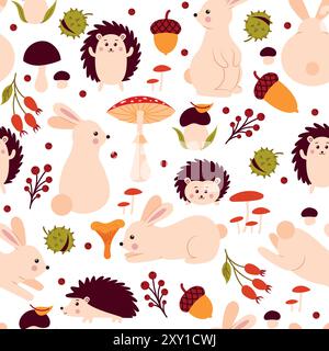 Seamless pattern with rabbits and hedgehogs Stock Vector