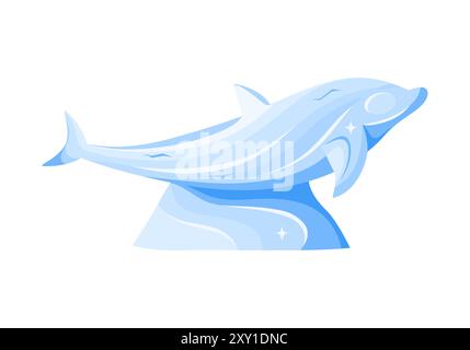 Ice sculpture of dolphin in sea waves, crystal statue made from frozen water vector illustration Stock Vector