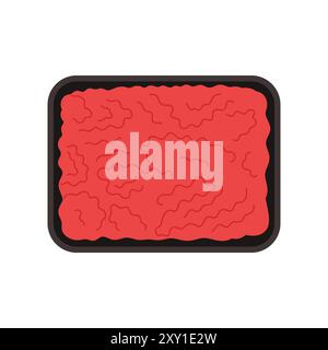 Plastic tray with ground beef meat, top view of black rectangular container vector illustration Stock Vector