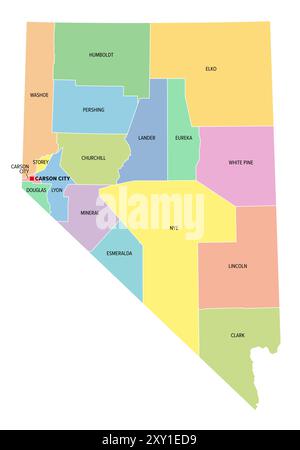 Nevada, U.S. state, colored political map with borders and counties. State in the Western region of USA, subdivided into 16 counties and Carson City. Stock Photo