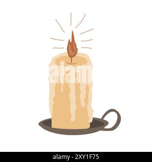 Flaming candle in a bronze or ceramic candle holder, Vector illustration isolated on a white background. Design element for cozy decor, holiday Stock Vector