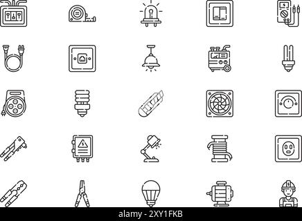 Electrician tools and elements icons collection is a vector illustration with editable stroke. Stock Vector