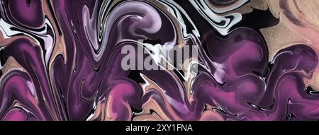 Abstract fluid art background dark purple and black colors. Liquid marble. Acrylic painting on canvas with lavender lines and gradient. Alcohol ink ba Stock Photo