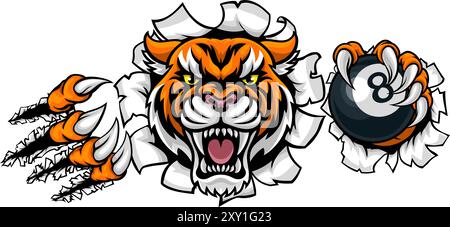 Tiger Angry Pool 8 Ball Billiards Mascot Cartoon Stock Vector