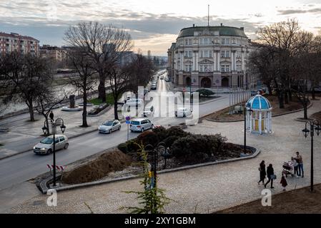 Nis, Serbia - March 2.2024. City of Nis University landmark view by the Nisava river on a calming sunset in south Serbia Stock Photo