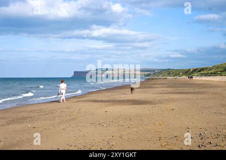 Young woman walking her dog at the water's edge on the beach at Marske by the Sea on a sunny August afternoon, Saltburn cliffs in view in the distance Stock Photo