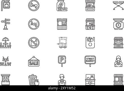 Street market icons collection is a vector illustration with editable stroke. Stock Vector
