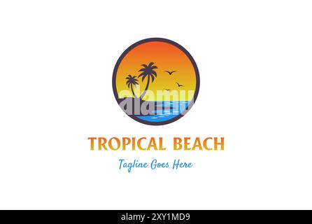 Circular Sunset Palm Coconut Tree for Summer Beach Logo Design Vector Illustration Stock Vector