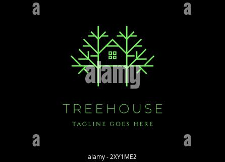 Simple Minimalist Treehouse Line Outline Monogram Logo Design Vector Stock Vector
