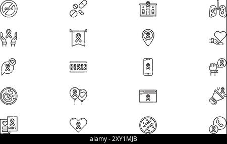 World aids day icons collection is a vector illustration with editable stroke. Stock Vector