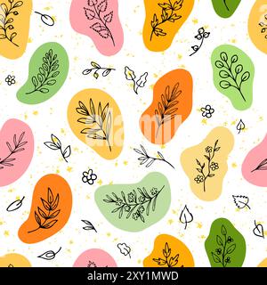 Leaves, herbs in colorful eco shapes, pattern Stock Vector