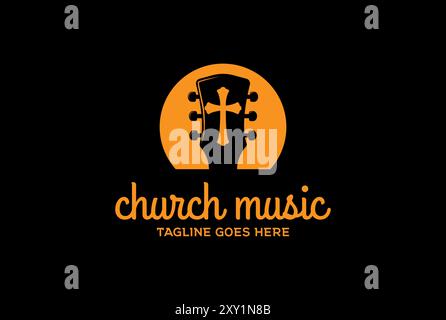 Simple Sunset with Guitar and Christian Cross for Church Song Music Logo Design Vector Stock Vector