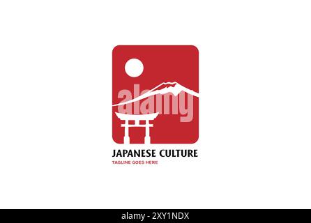 Simple Square with Sun Torii Gate and Fujiyama Mount for Travel Tourism Logo Design Vector Stock Vector