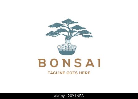 Oriental Japanese Bonsai Mini Small Plant Tree on Pot Silhouette Logo Design Vector Stock Vector