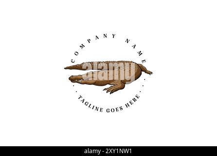 Retro Vintage Hand Drawn Crocodile Alligator Mugger Reptile Animal Logo Design Vector Stock Vector