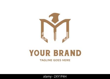 Initial Letter M with Strong Eagle Hawk Falcon Phoenix Head Bird Silhouette Logo Design Vector Stock Vector