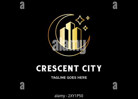 Elegant Luxury Crescent Moon with City Building for Real Estate Logo Design Vector Stock Vector