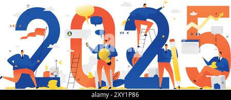 Office staff are preparing to meet the new year 2025. Vector illustration. Cartoon characters repair the numbers. Image is isolated on white backgroun Stock Vector