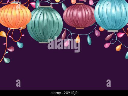 Paper lanterns with multicolored lamp garland watercolor illustration on black background. Traditional Chinese New Year round candle. Stock Photo