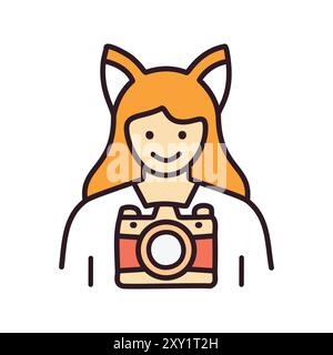 Happy woman with cat ears holding a camera. A cute woman with cat ears smiles while holding a camera, suggesting the fun and joy of capturing special Stock Vector