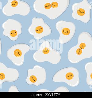 Cute cartoon fried eggs characters seamless pattern. Funny smiling yolks. Breakfast concept. Vector illustration Stock Vector