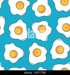 Cute fried eggs seamless pattern. Funny smiling cartoon eggs. Breakfast concept. Vector illustration Stock Vector