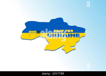 3D Ukraine Map Silhouette and Blue Yellow Color Flag with Pray For Ukraine Stop War Illustration Vector Stock Vector